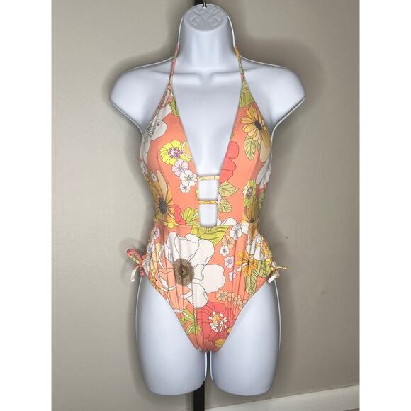 Wet Swimwear Darcy Retro Floral Plunge Drawstring One Piece Orange Women's S NWT - Picture 3 of 4